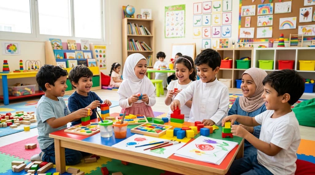 أهداف حضانة العلوم والفنون: أطفال من خلفيات متنوعة يتعاونون على مكعبات وألغاز في فصل مضيء، بثوب تقليدي وحجاب، يجسدون التعلم باللعب والتنمية الشاملة.