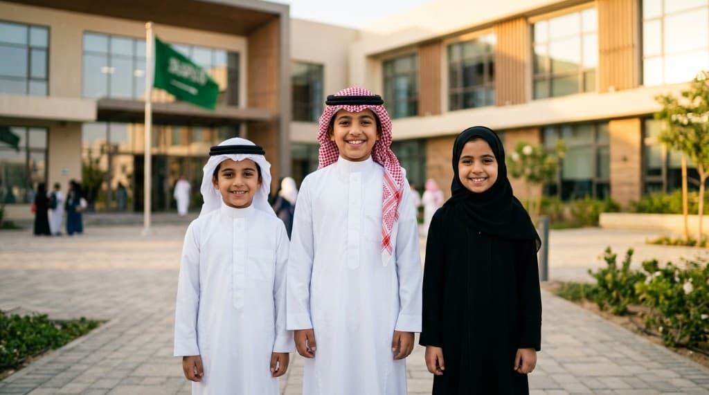 رؤية حضانة العلوم والفنون: ثلاثة طلاب سعوديين مبتسمين أمام مبنى تعليمي حديث يرفرف عليه علم المملكة، بثوب تقليدي وحجاب، يعكسون فخراً بالهوية وبناء جيل واثق.