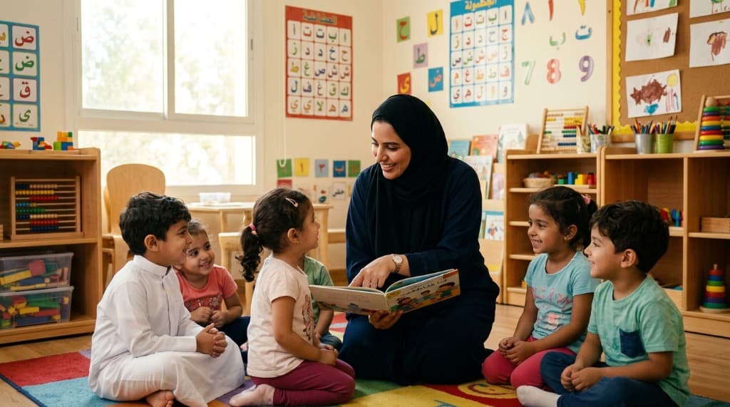 رسالة حضانة العلوم والفنون: معلمة بالعباية والحجاب تقرأ قصة لأطفال جالسين حولها في فصل حضانة مشرق، بجدران بالحروف العربية والأرقام ورفوف ألعاب وكتب تعليمية.